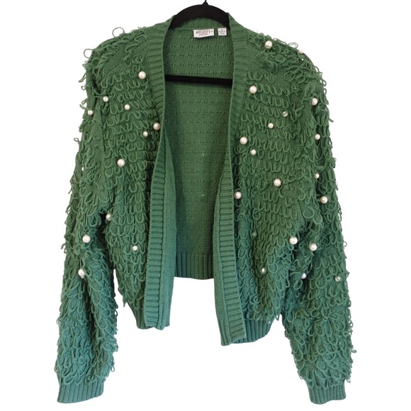 Mighty Fine Sweaters - Vintage Y2K Green Loop‎ Knit Pearl Embellished Open Cardigan XL Shaggy Sweater